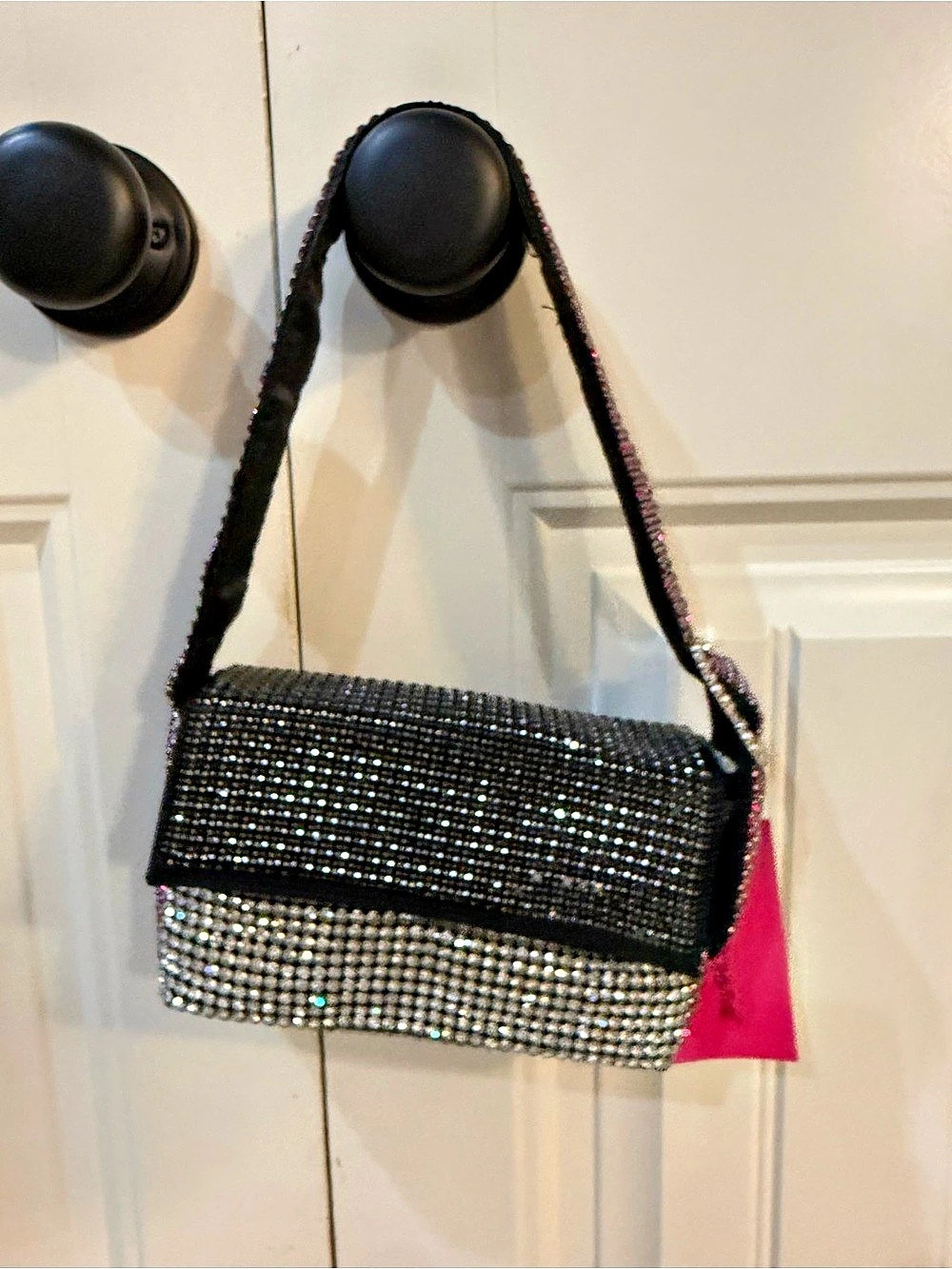 Betsey Johnson Rhinestone Flap Shoulder Bag in Black & Pink